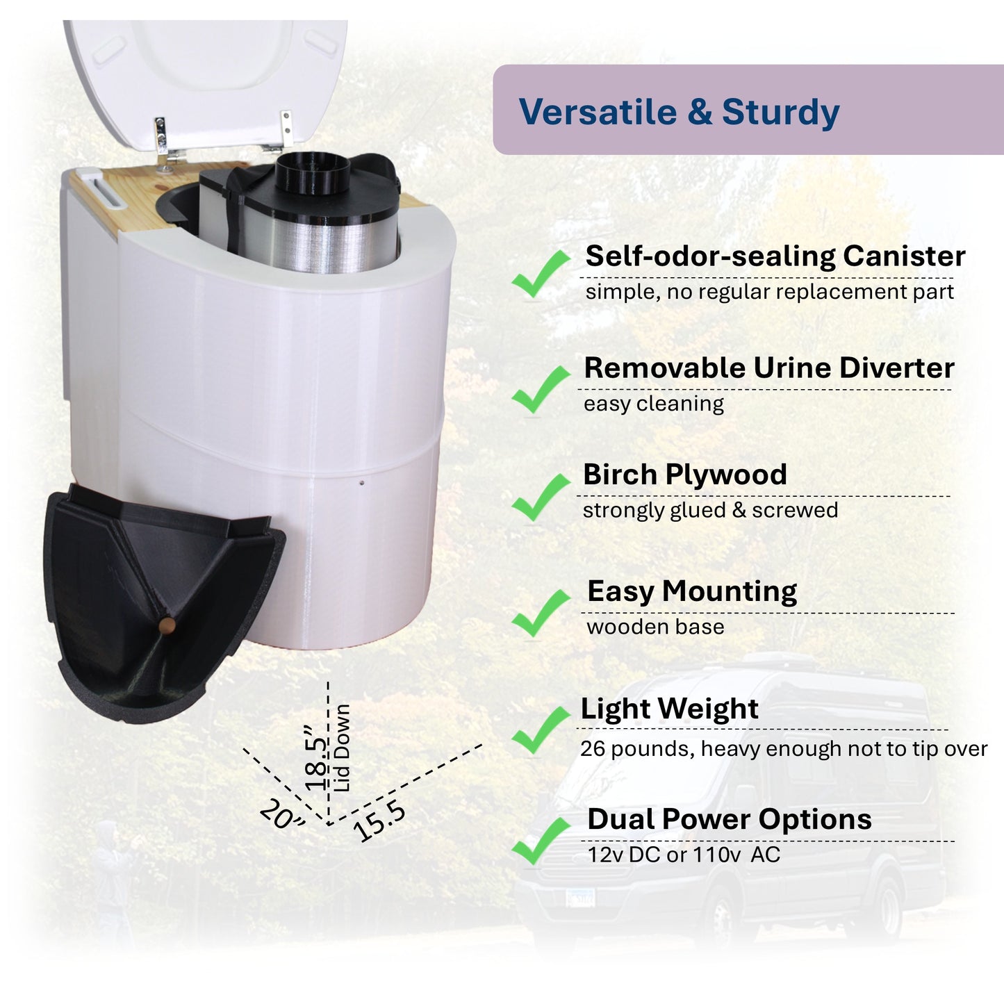 MoLoo I - Composting/DryToilet w/compost agitator, urine sensor, Triple+ odor protections, fan, closable waste lid, self-sealing canister, urine diverter