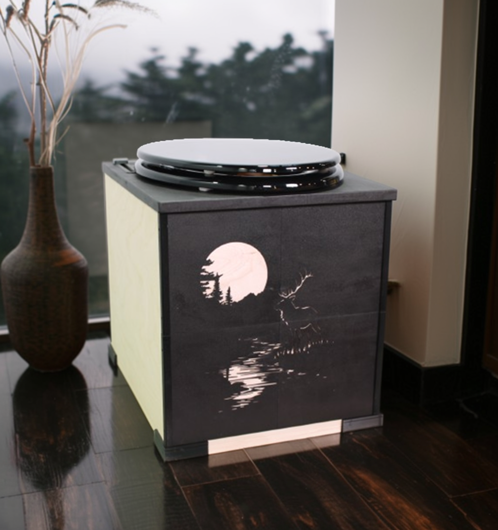 MoLoo II w/3D Printed Decorative Graphic - (urine diverter, closable waste lid, extracting fan, self-sealing canister)