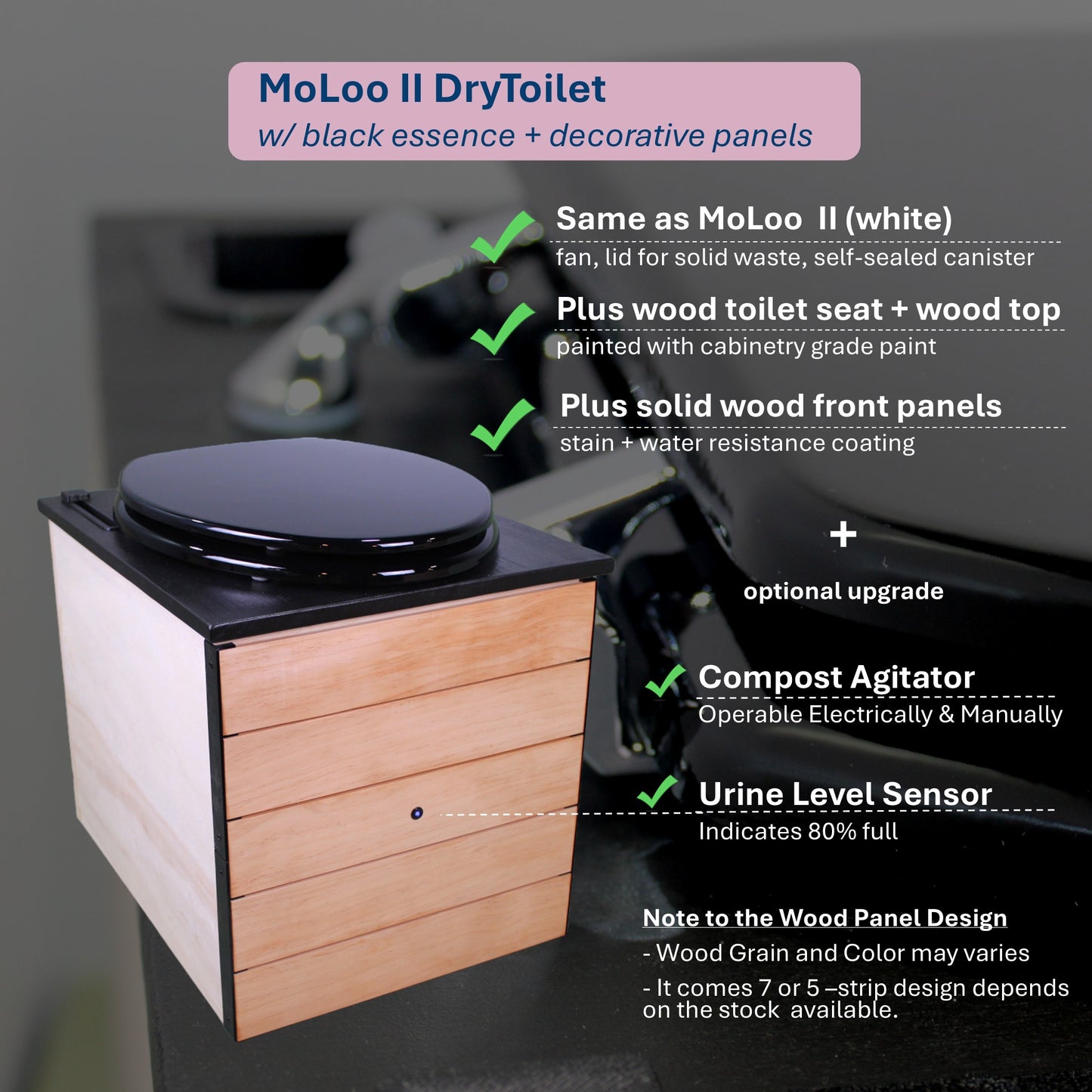 MoLoo II (Black Essence + Decorative Wood Panels) - Composting/DryToilet, Triple+ odor protections, urine diverter, closable waste lid, extracting fan, self-sealing canister
