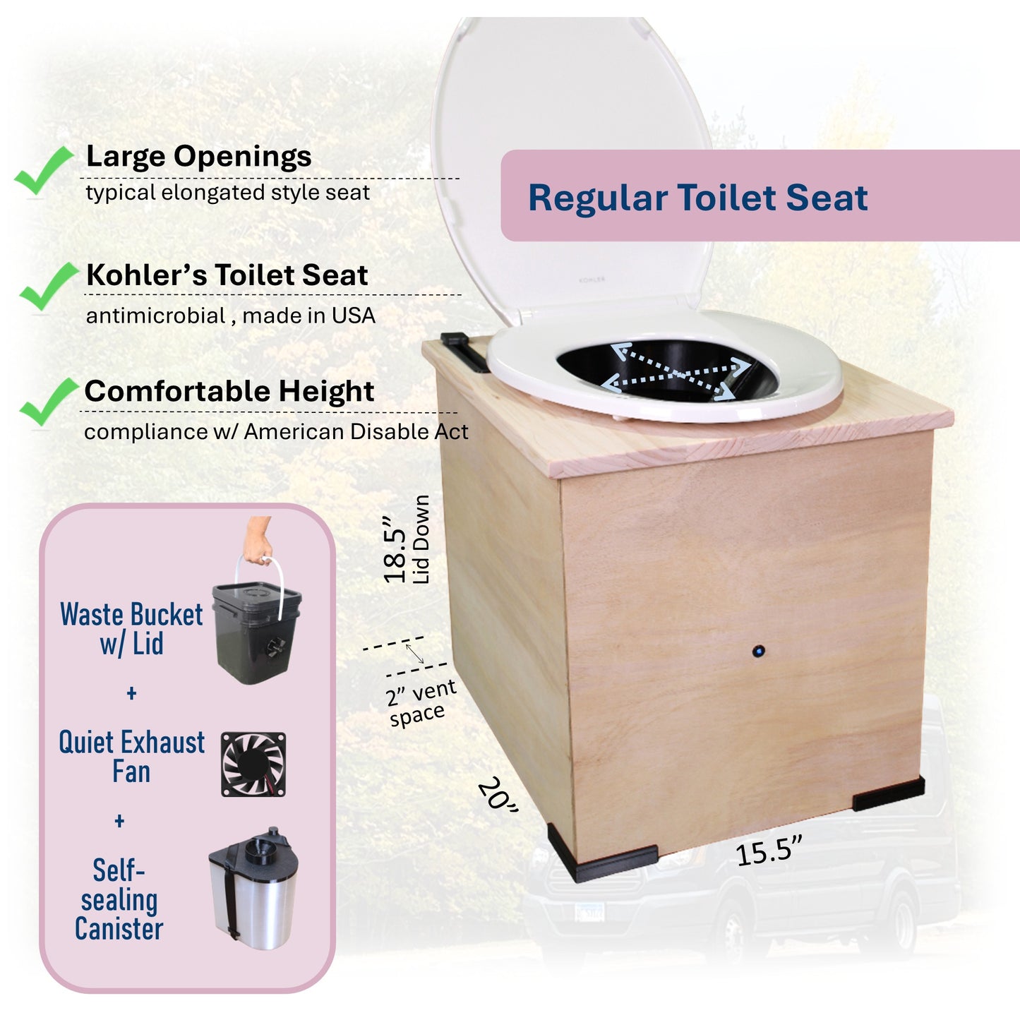MoLoo II (White) - Composting/DryToilet, Triple+ odor protections, urine diverter, closable waste lid, fan, self-sealing canister
