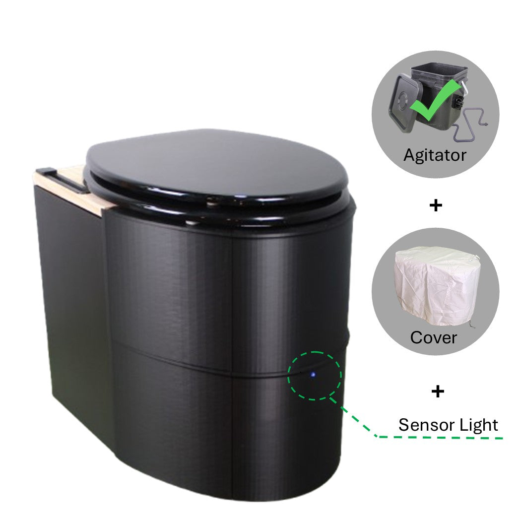 MoLoo I - Composting/DryToilet w/compost agitator, urine sensor, Triple+ odor protections, fan, closable waste lid, self-sealing canister,  urine diverter