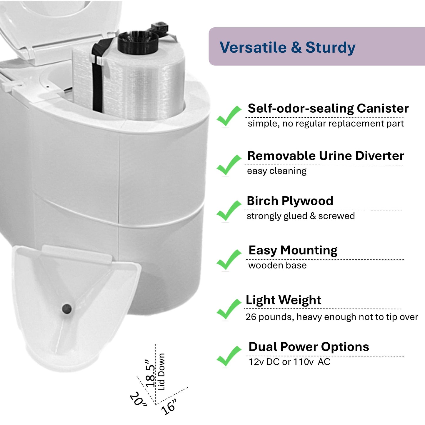 MoLoo I - Composting/DryToilet w/compost agitator, urine sensor, Triple+ odor protections, fan, closable waste lid, self-sealing canister,  urine diverter