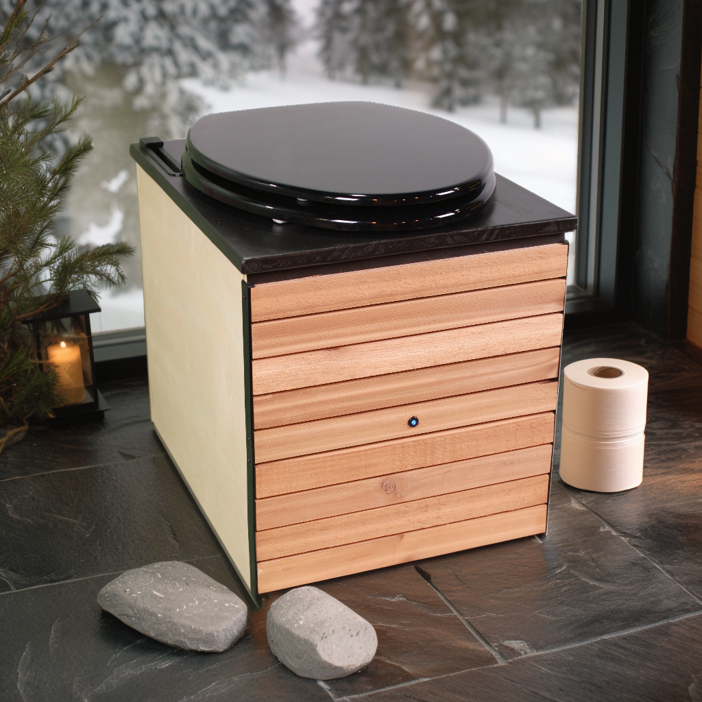 MoLoo II (Black Essence + Decorative Wood Panels) - Composting/DryToilet, Triple+ odor protections, urine diverter, closable waste lid, extracting fan, self-sealing canister