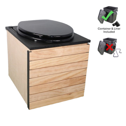 MoLoo II (Black Essence + Decorative Wood Panels) - Composting/DryToilet, Triple+ odor protections, urine diverter, closable waste lid, extracting fan, self-sealing canister