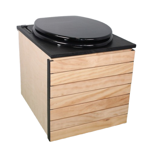 MoLoo II (Black Essence + Decorative Wood Panels) - Composting/DryToilet, Triple+ odor protections, urine diverter, closable waste lid, extracting fan, self-sealing canister