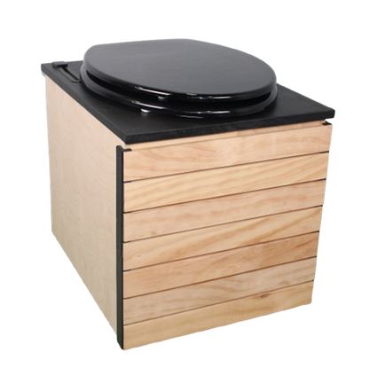 MoLoo II (Black Essence + Decorative Wood Panels) - Composting/DryToilet, Triple+ odor protections, urine diverter, closable waste lid, extracting fan, self-sealing canister