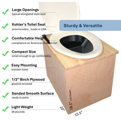 MoLoo II (White) - Composting/DryToilet, Triple+ odor protections, urine diverter, closable waste lid, fan, self-sealing canister