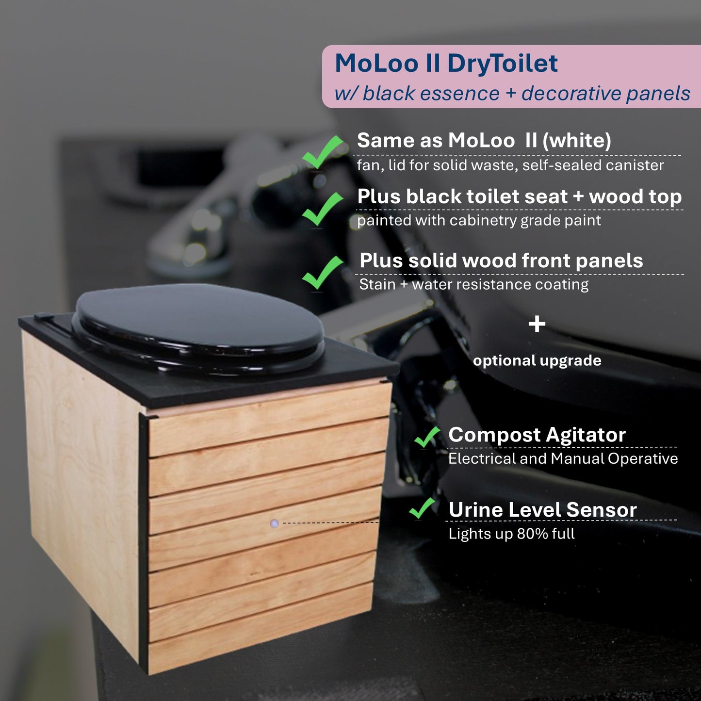 MoLoo II (Black Essence + Decorative Wood Panels) - Composting/DryToilet, Triple+ odor protections, urine diverter, closable waste lid, extracting fan, self-sealing canister