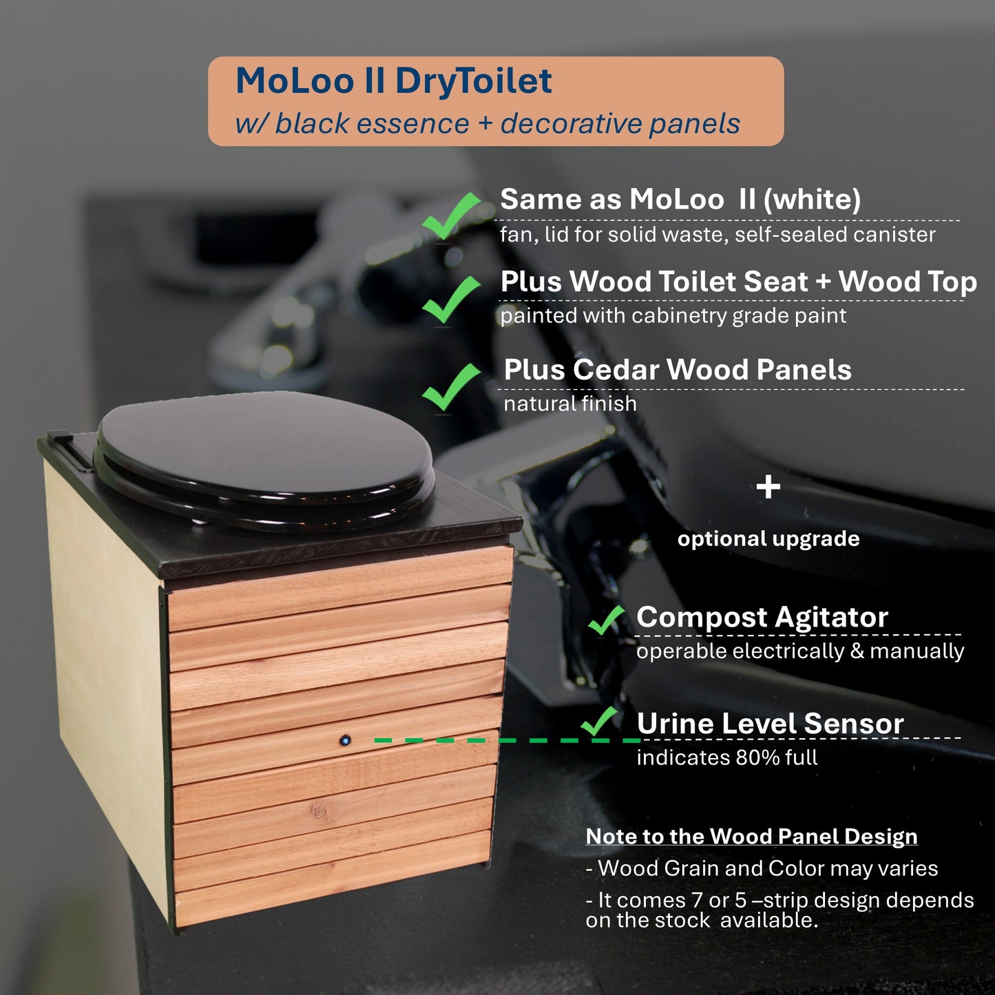 MoLoo II (Black Essence + Decorative Wood Panels) - Composting/DryToilet, Triple+ odor protections, urine diverter, closable waste lid, extracting fan, self-sealing canister
