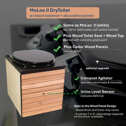 MoLoo II (Black Essence + Decorative Wood Panels) - Composting/DryToilet, Triple+ odor protections, urine diverter, closable waste lid, extracting fan, self-sealing canister