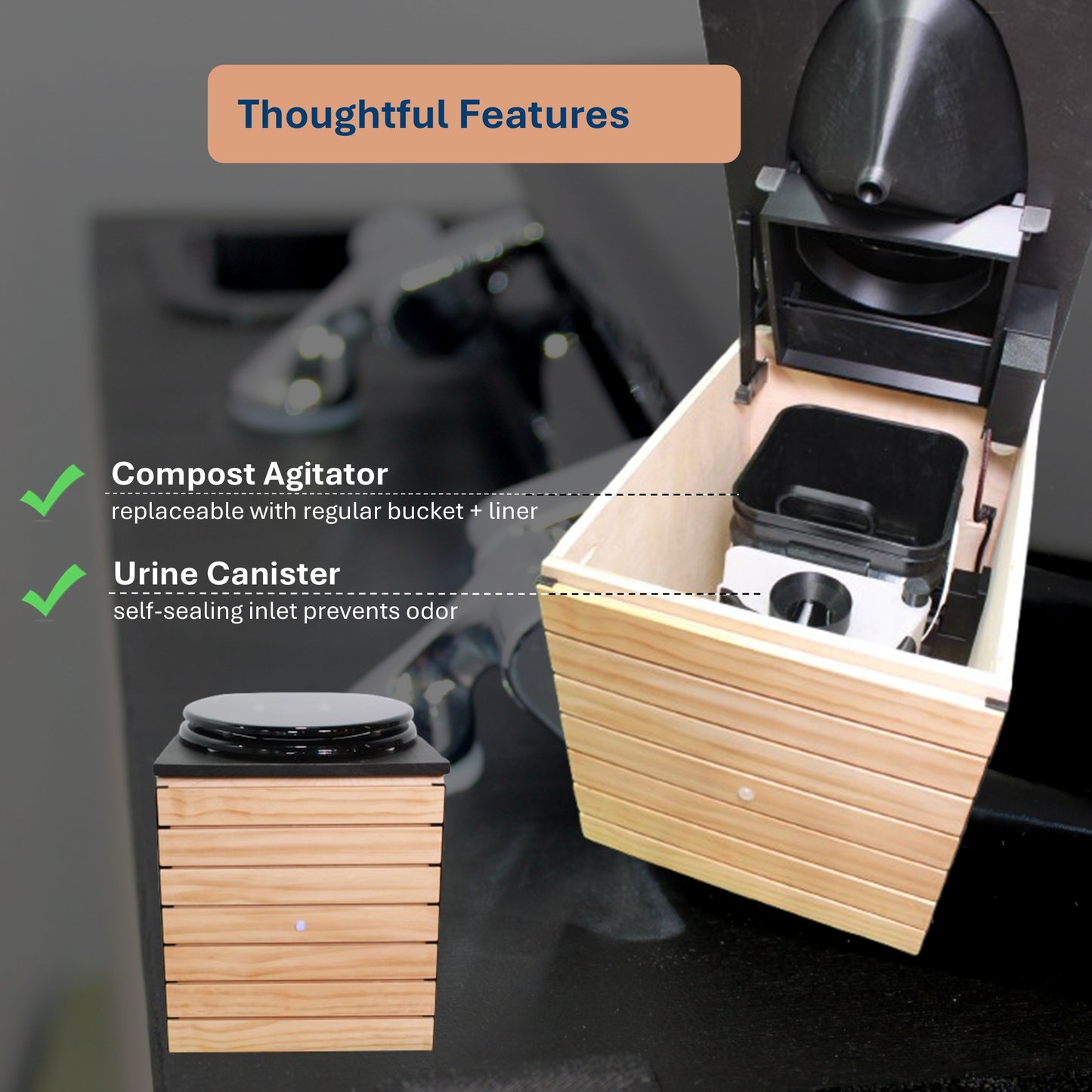 MoLoo II (Black Essence + Decorative Wood Panels) - Composting/DryToilet, Triple+ odor protections, urine diverter, closable waste lid, extracting fan, self-sealing canister