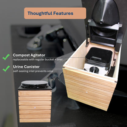 MoLoo II (Black Essence + Decorative Wood Panels) - Composting/DryToilet, Triple+ odor protections, urine diverter, closable waste lid, extracting fan, self-sealing canister