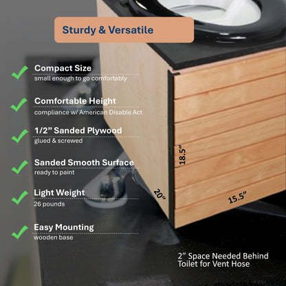 MoLoo II (Black Essence + Decorative Wood Panels) - Composting/DryToilet, Triple+ odor protections, urine diverter, closable waste lid, extracting fan, self-sealing canister