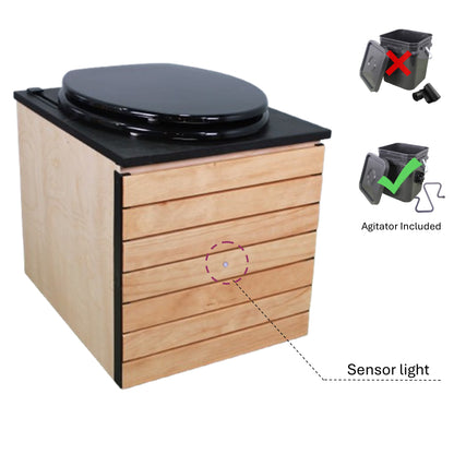 MoLoo II (Black Essence + Decorative Wood Panels) - Composting/DryToilet, Triple+ odor protections, urine diverter, closable waste lid, extracting fan, self-sealing canister