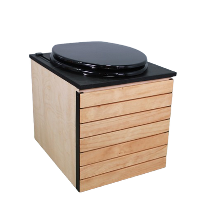 MoLoo II (Black Essence + Decorative Wood Panels) - Composting/DryToilet, Triple+ odor protections, urine diverter, closable waste lid, extracting fan, self-sealing canister