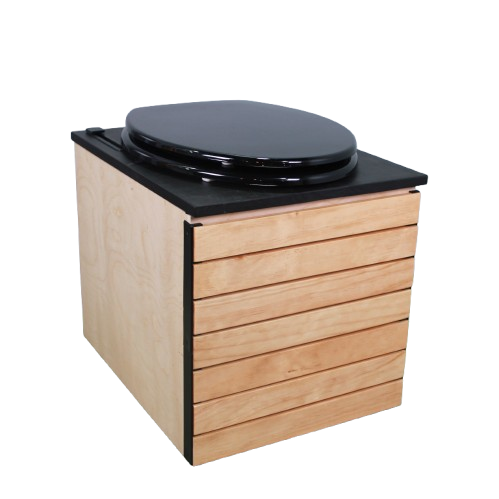 MoLoo II (Black Essence + Decorative Wood Panels) - Composting/DryToilet, Triple+ odor protections, urine diverter, closable waste lid, extracting fan, self-sealing canister